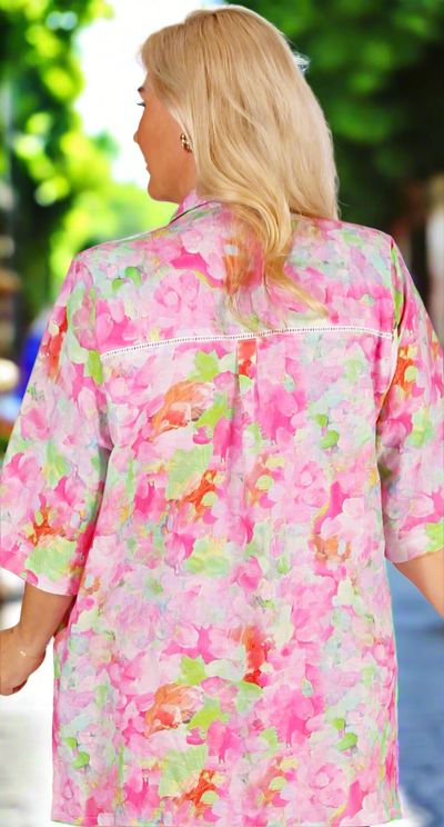 Linen and Cotton Classic Blouse with Broderie Detail Pink Palette