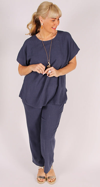 Linen Viscose Wide Leg Pant Washed Navy