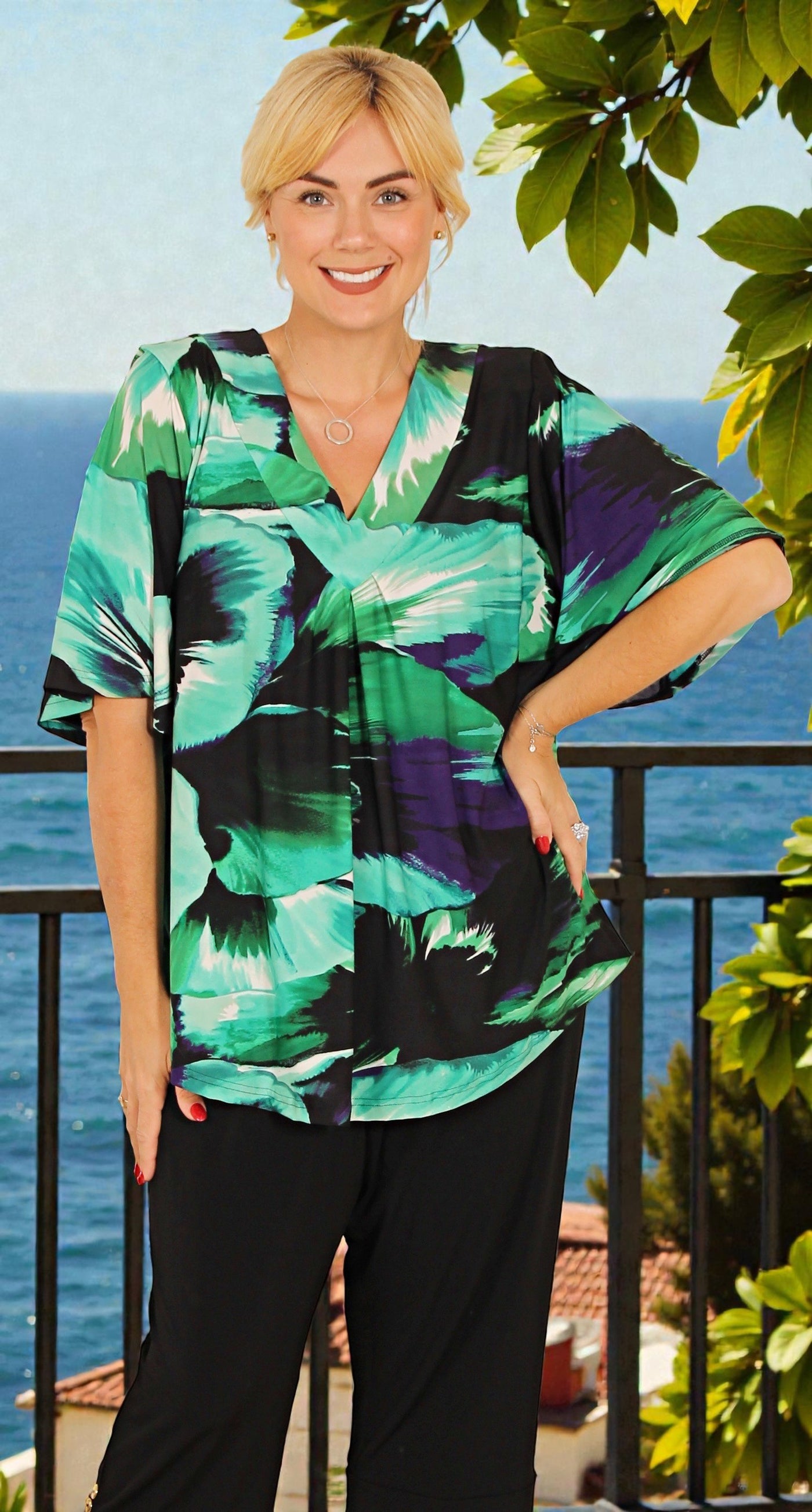 Bella V-Neck Top Opal on Black