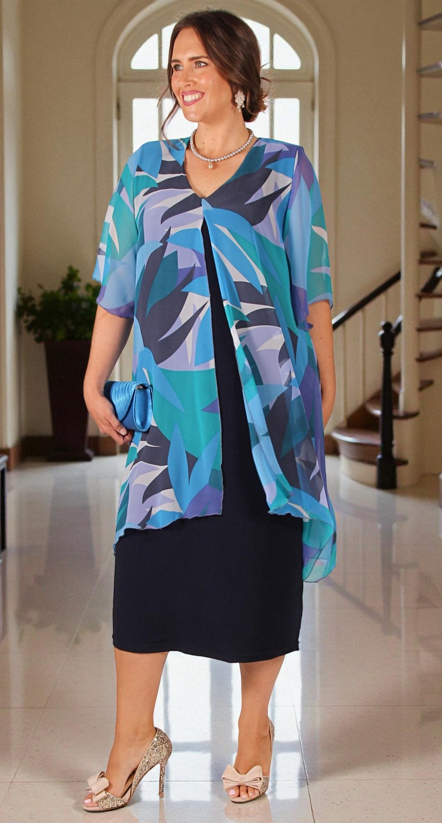 Chiffon Overlay Waterfall Dress Seascape over Navy