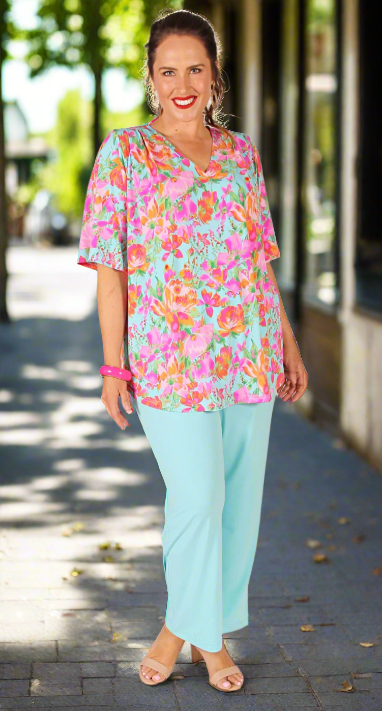 Patsy Pleat Front V-Neck Top Pink Petals on Aqua