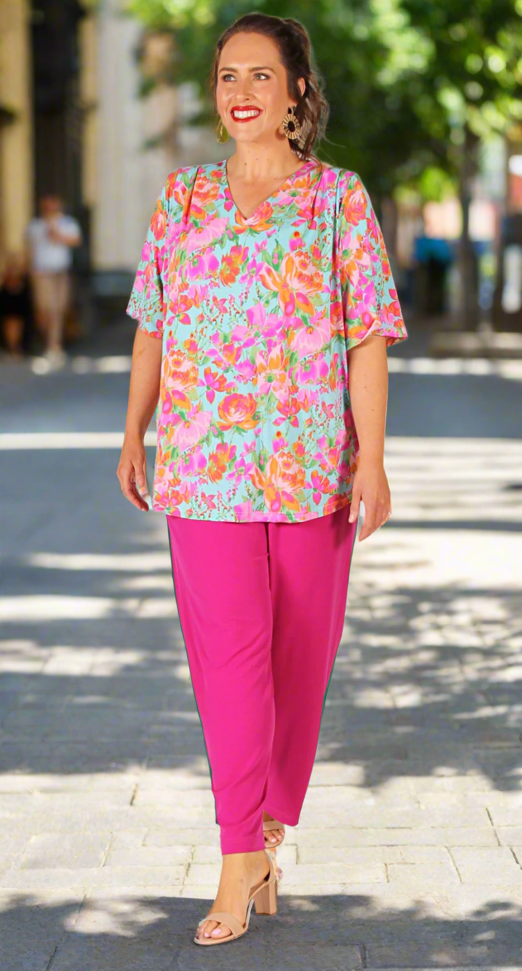 Patsy Pleat Front V-Neck Top Pink Petals on Aqua