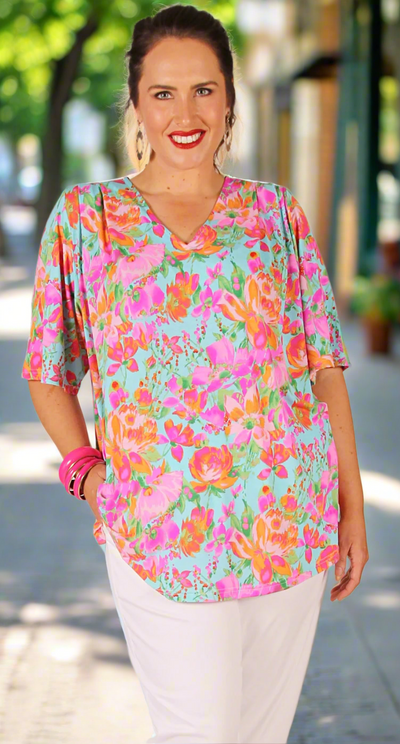 Patsy Pleat Front V-Neck Top Pink Petals on Aqua
