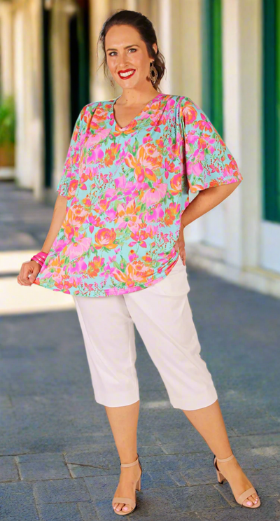 Patsy Pleat Front V-Neck Top Pink Petals on Aqua