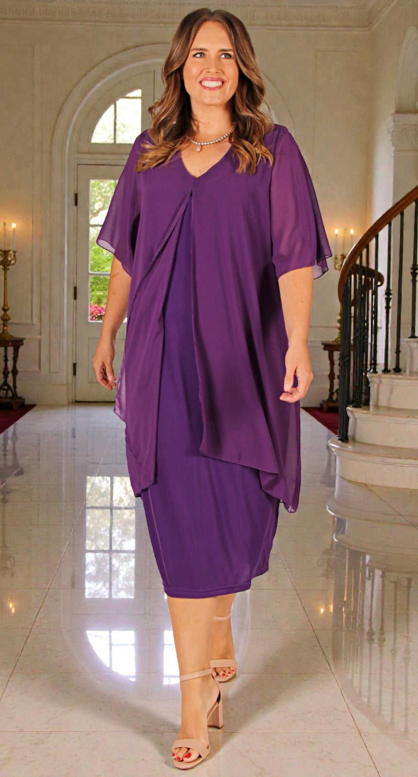 Chiffon Overlay Waterfall Dress Plum over Plum – Sybils Plus Size Fashion