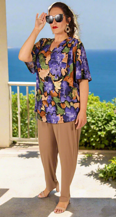 Patsy Pleat Front V-Neck Top Purple|Taupe Harmony