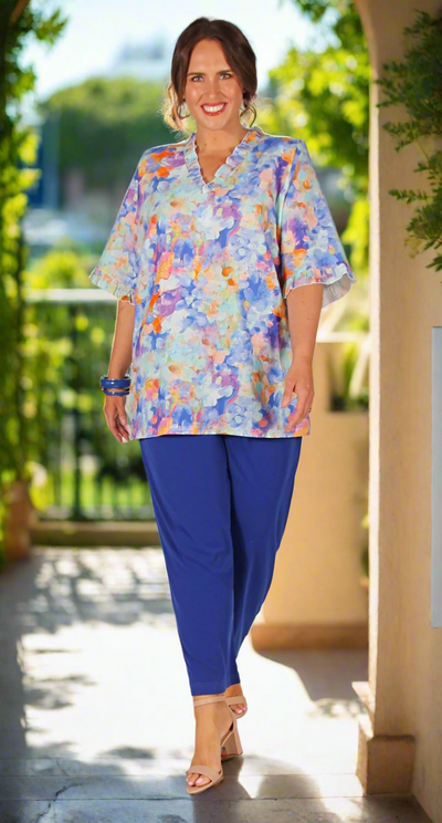 Carmen Ruffles Top Bue Palette Linen Blend