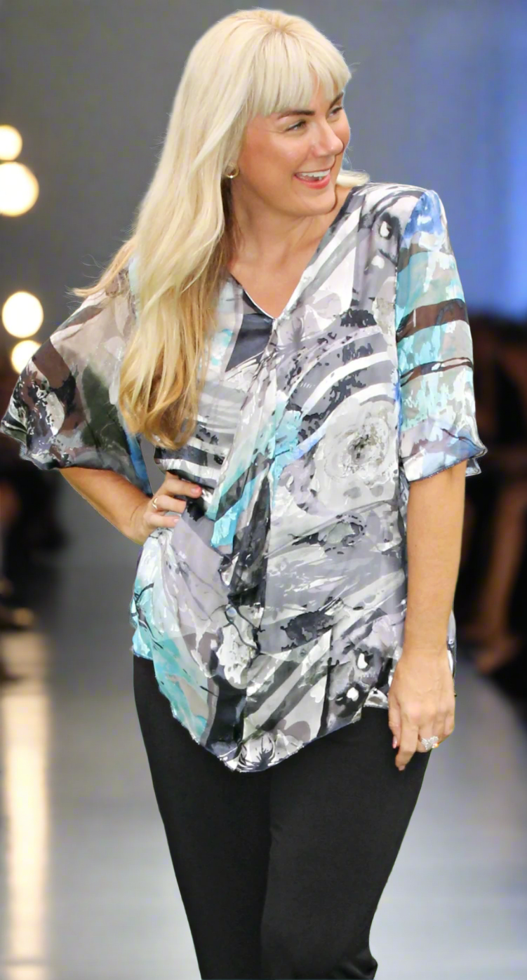 Wonderful Waterfall Front Top Aqua and Ink Silk