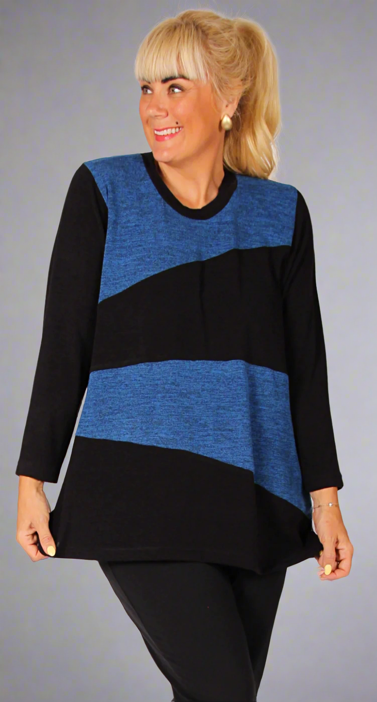 Soft as Cashmere Sporty Spliced Knit Crew Neck Top Royal|Black