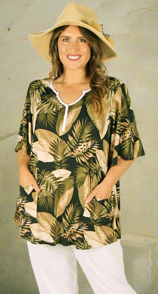 Suzie Swing Top Khaki Leaf