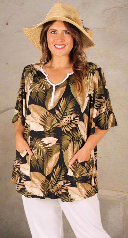 Suzie Swing Top Khaki Leaf