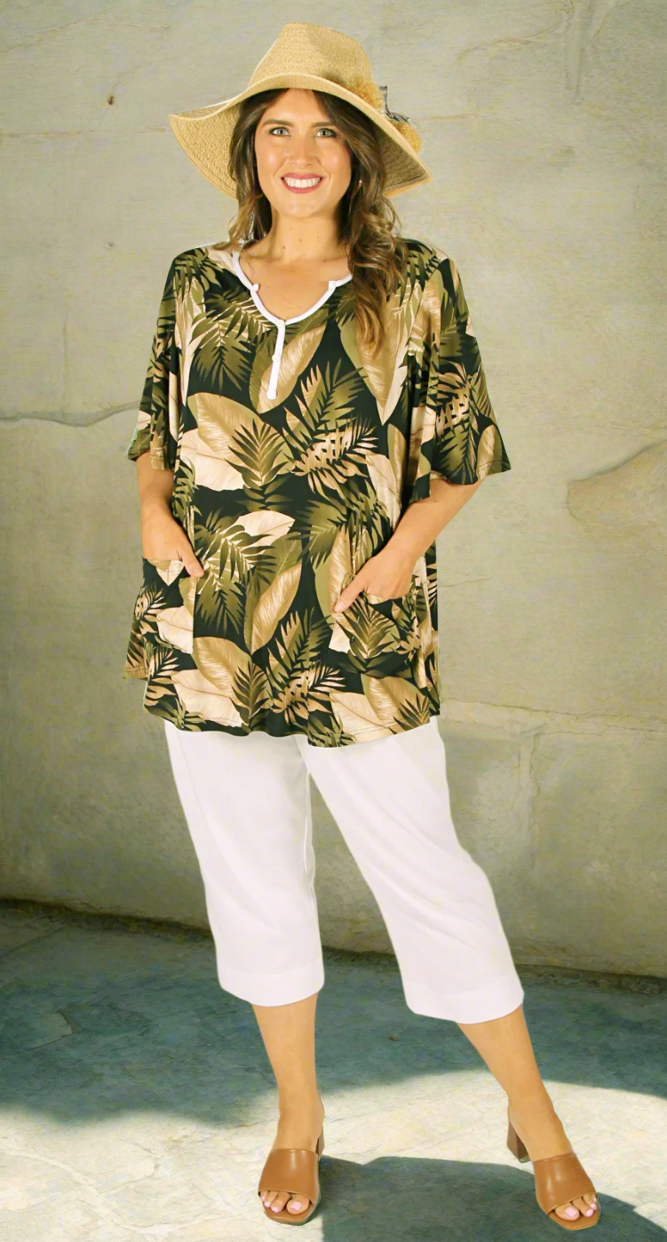 Suzie Swing Top Khaki Leaf