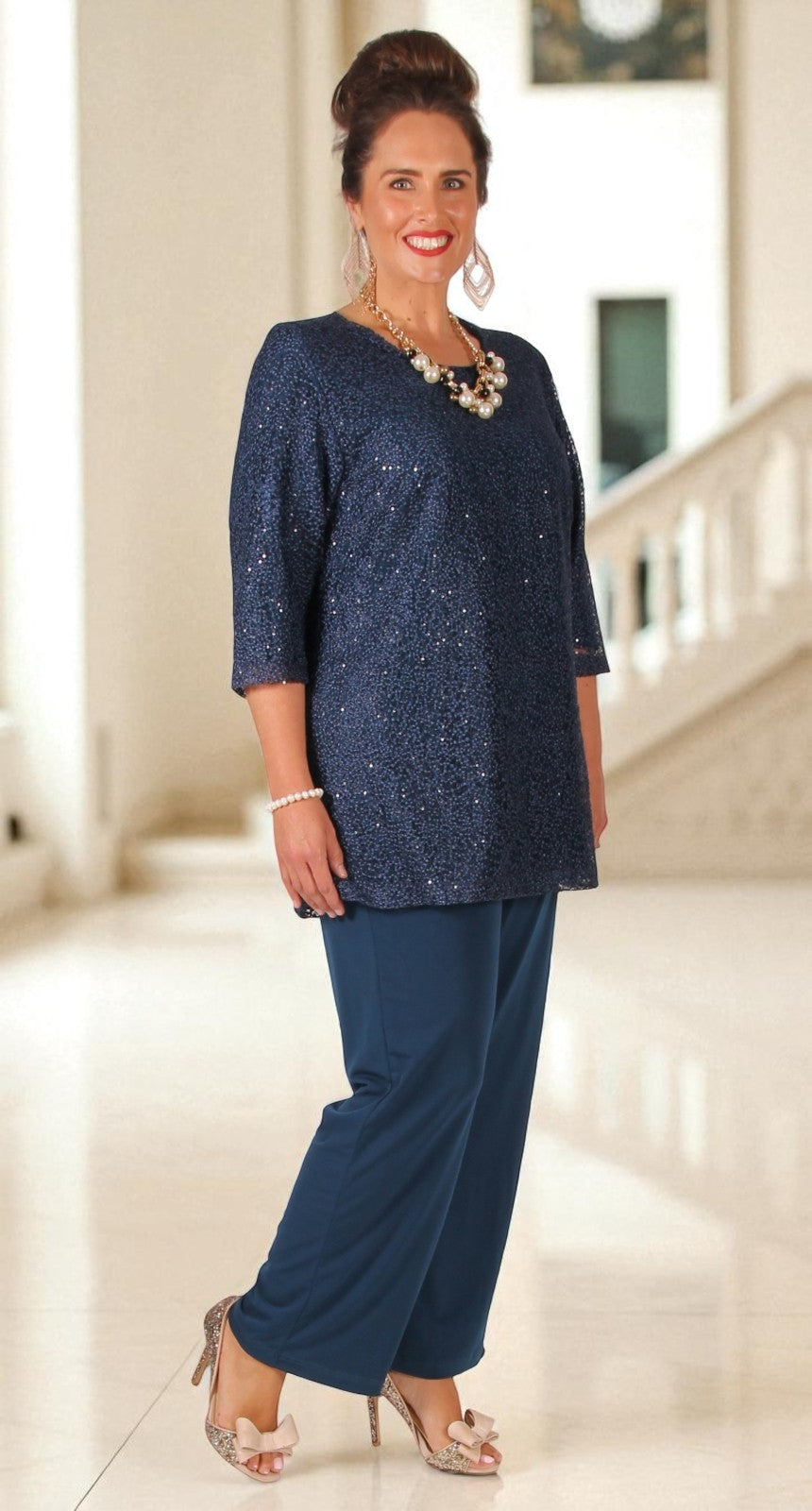 Lush Lace and Sequins Round Neck Top Teal