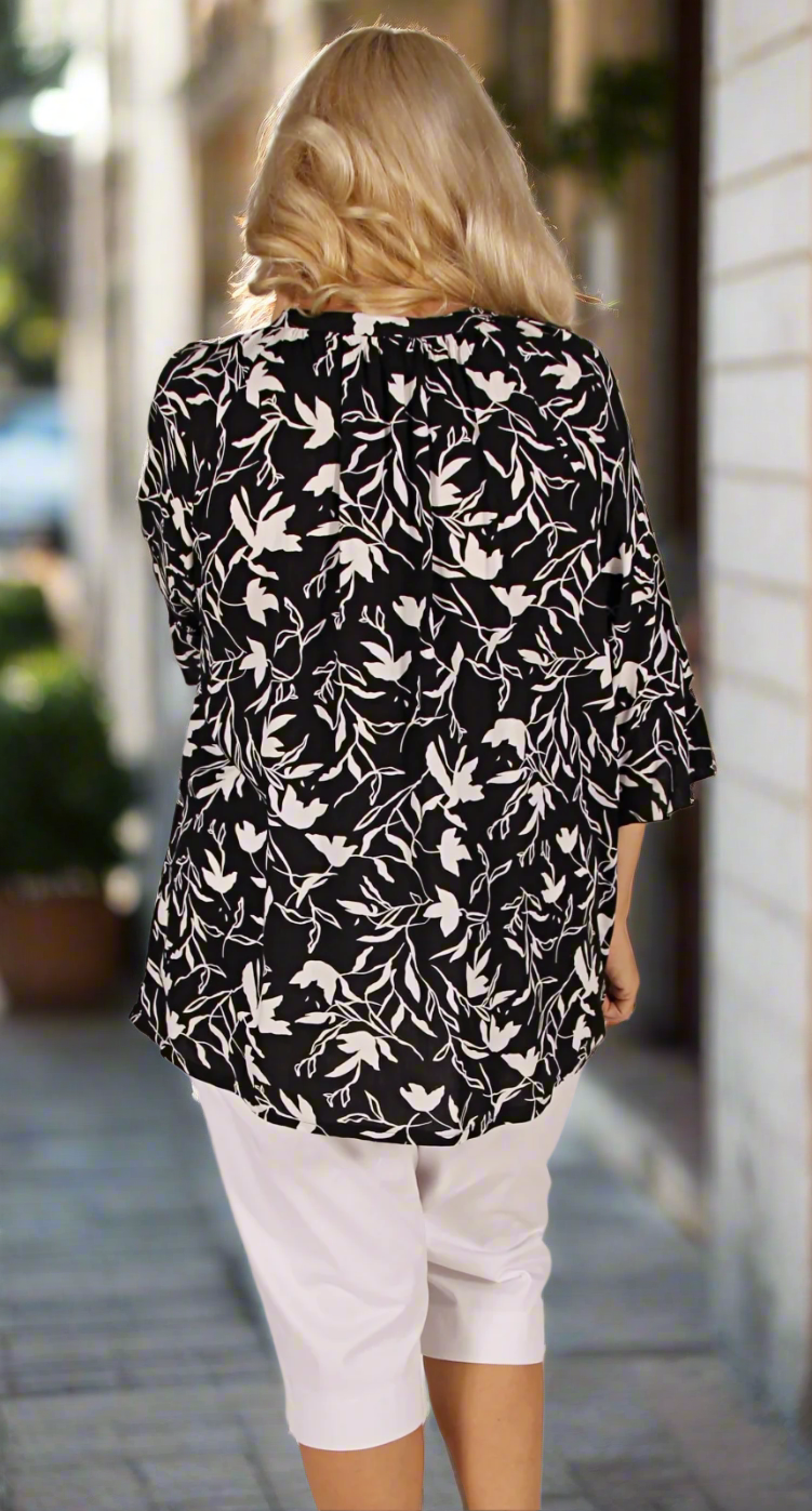 Roberta Raglan Sleeve Tie Front Top Black|White