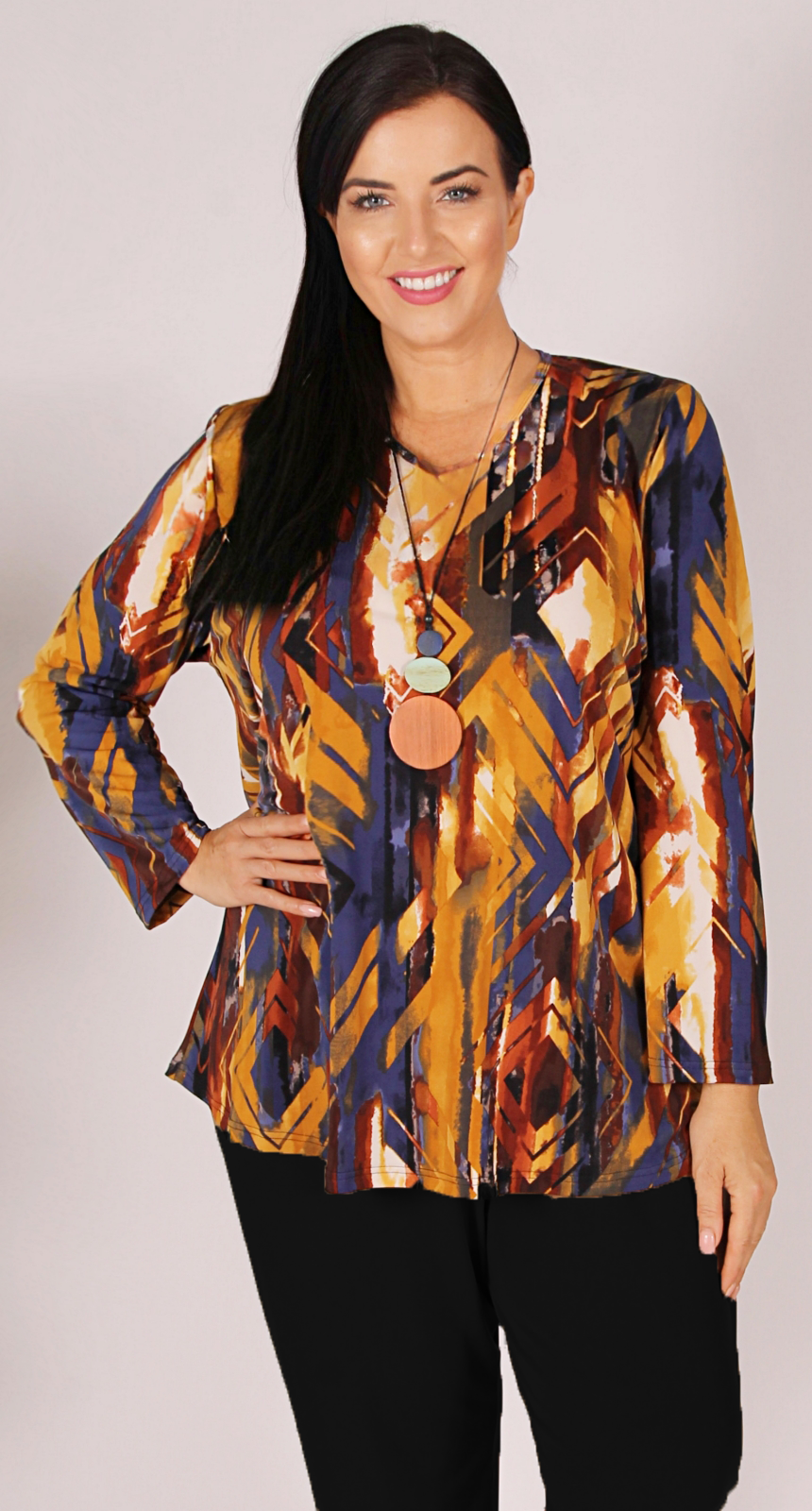 Long-line V Neck  Swing Top Autumn Tones