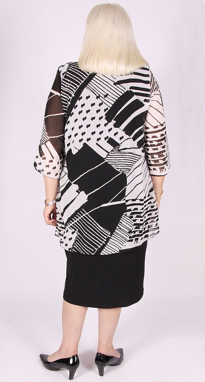 Shayna Chiffon Cross Over Dress Black White Geometric