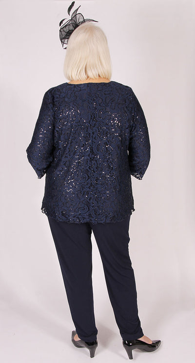 Lovely Lace and Sequins Round Neck Top Navy