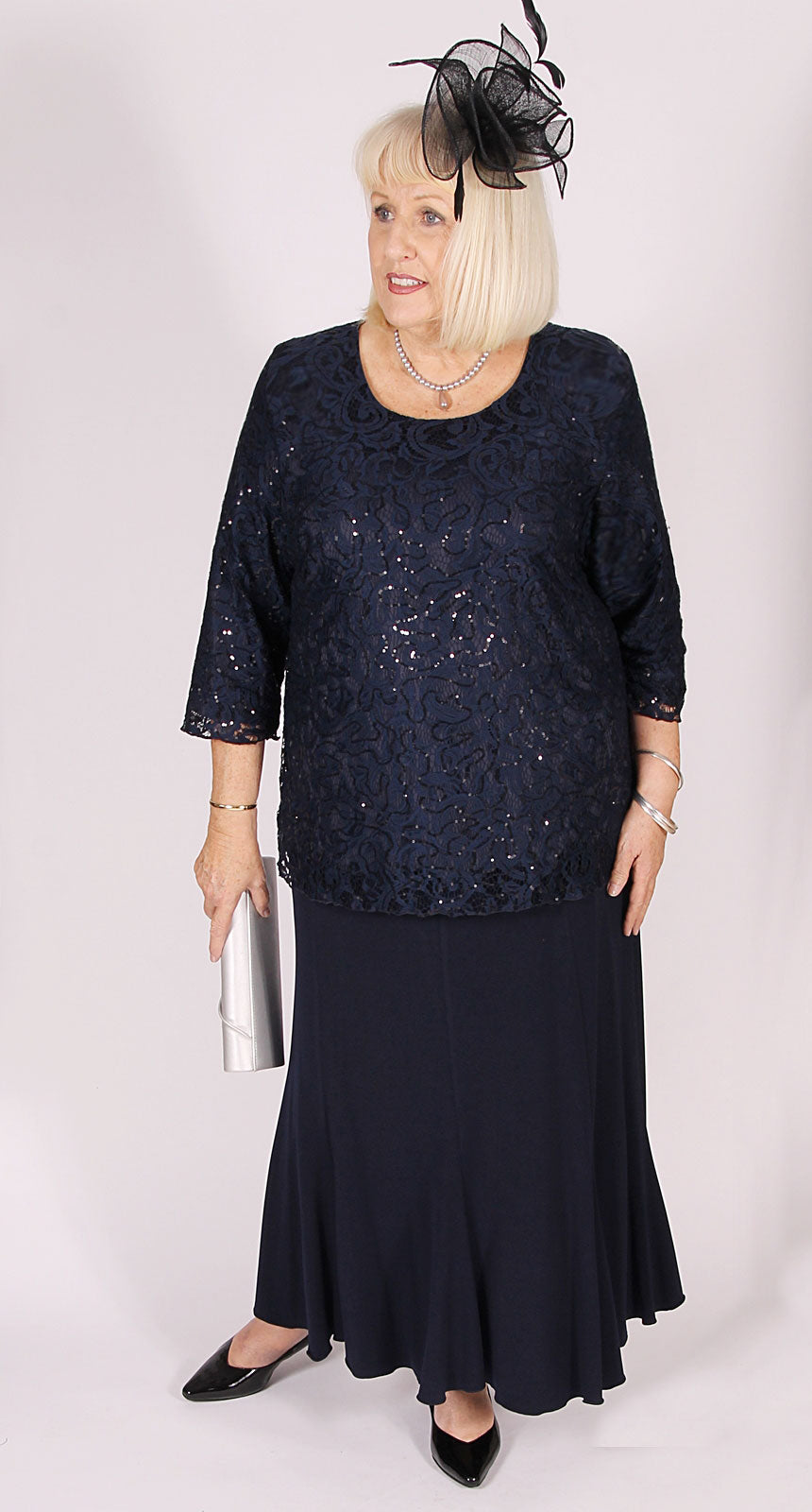 Lovely Lace and Sequins Round Neck Top Navy