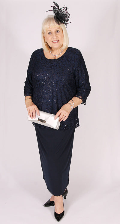 Lovely Lace and Sequins Round Neck Top Navy