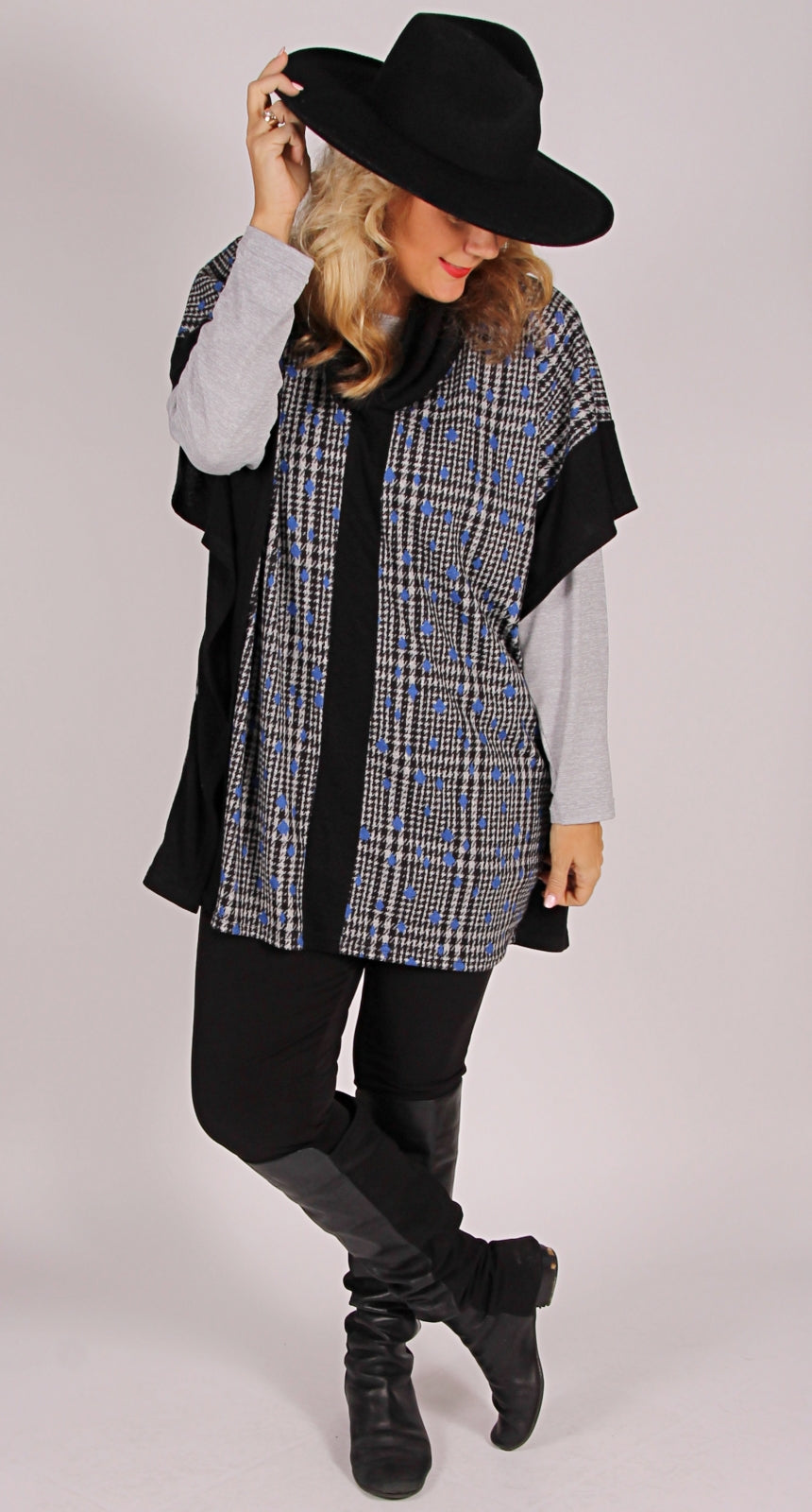 Spliced Poncho Style Top Charcoal Check