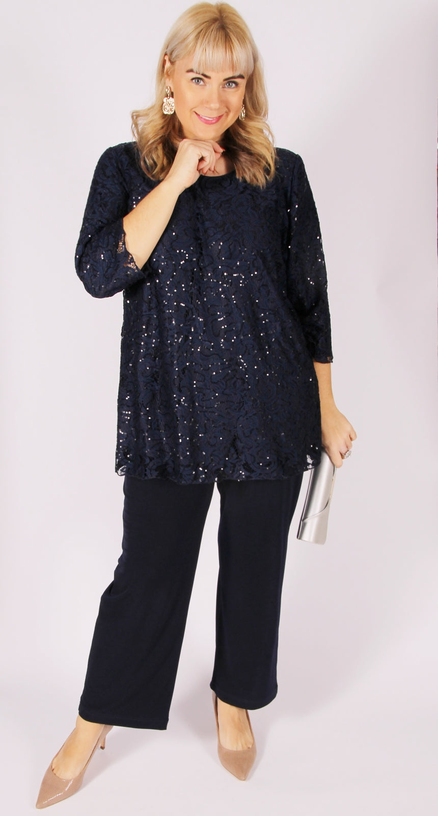 Lovely Lace and Sequins Round Neck Top Navy