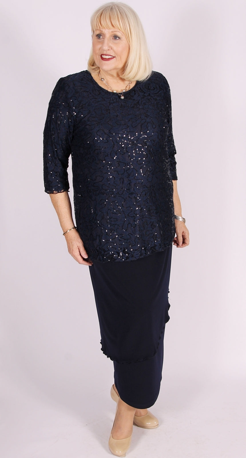 Lovely Lace and Sequins Round Neck Top Navy
