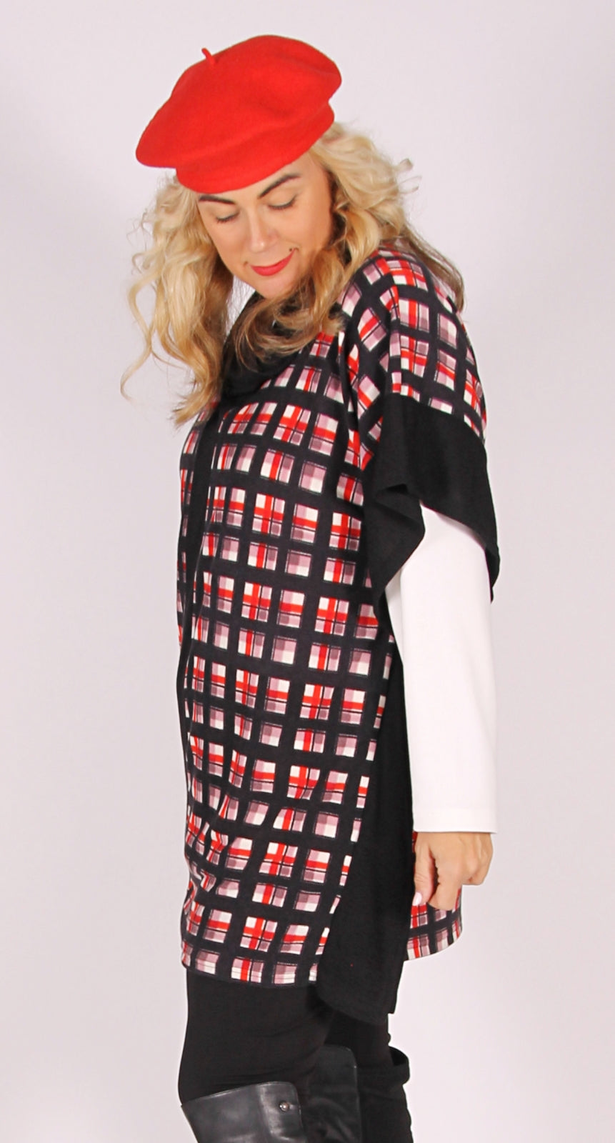 Spliced Poncho Style Top Red Check